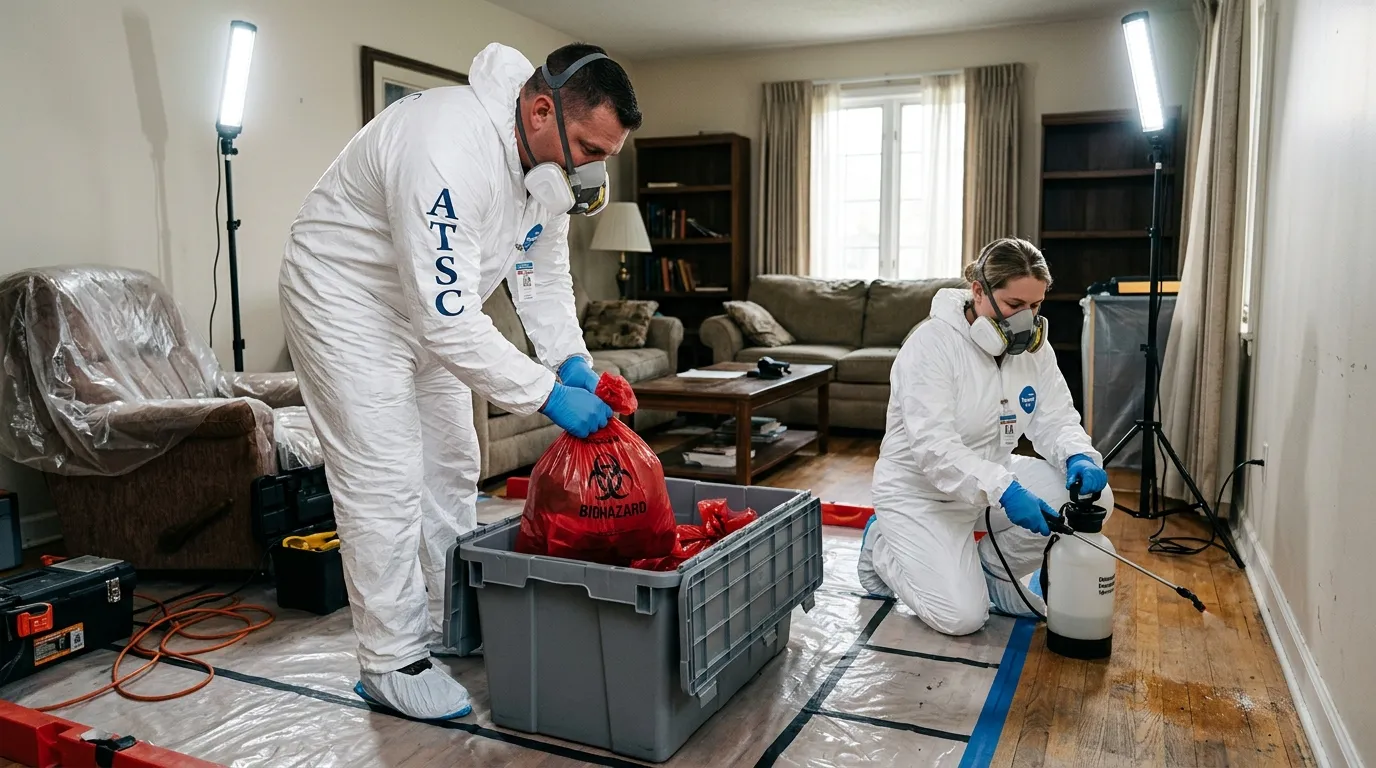 Professional Biohazard Cleanup technician in full PPE working in West Allis